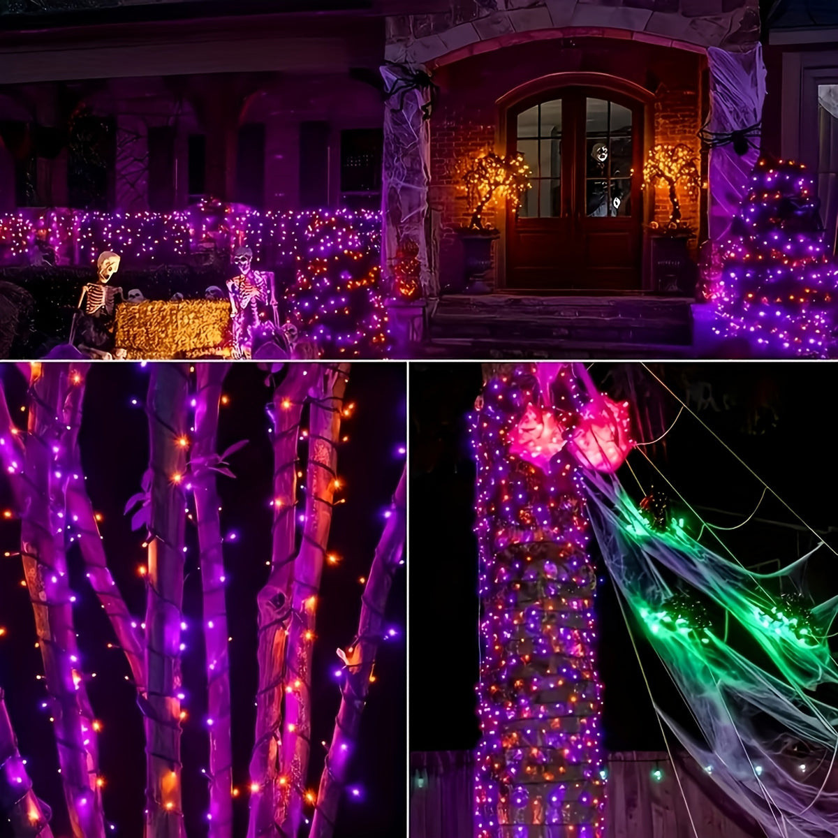 4 Packs Solar Halloween Decorative Lights, Orange and Purple Lights. Each pack of solar outdoor string lights (39FT-100LED) features 8 lighting flash modes. These waterproof lights are ideal for decorating your garden for Halloween,