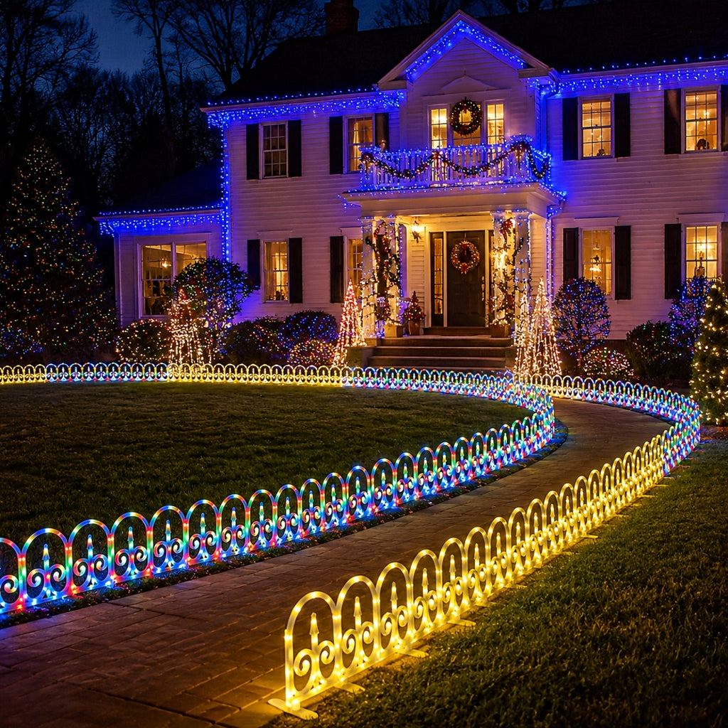 8-piece solar outdoor lights, decorative simulated garden fences that can be spliced together. IP65 splash-proof for outdoor use, featuring 12 flashing modes and a 3600mAh battery. An ideal choice for Christmas, Independence Day,