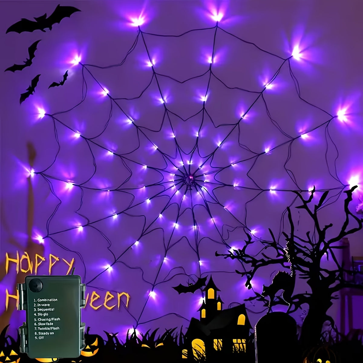 Halloween Decorative Lights, Orange & Purple Lights, Orange Net Lights Halloween Spider Web Lights - 4ft Diameter with 70 LEDs, Indoor Decor Lights, 8-Mode Spider Web Halloween Decor (3 AA Batteries Not Included; Spider Doll Not Included)
