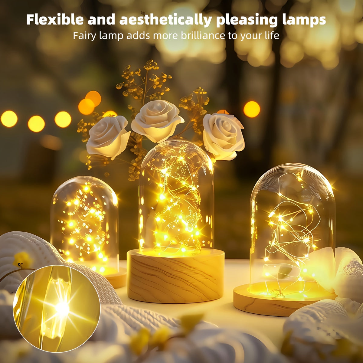 Outdoor Fairy Copper Wire Lights, optional 100/200/300 LEDs, 12 lighting modes, equipped with smart light sensor for automatic on and off. Suitable for decorating gardens, courtyards, camping sites, weddings, trees,  Day. IP44 splash-proof.