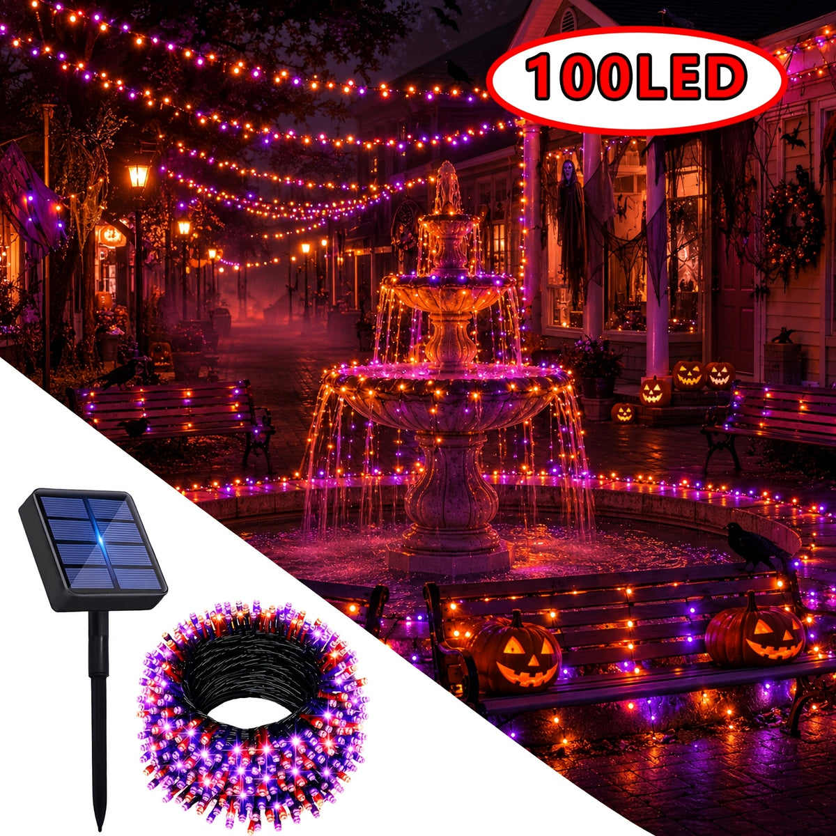 Halloween decorative lights, orange and purple lights, solar outdoor string lights, 1 pack, 39 feet with 100 LEDs and 8 lighting flash modes. These waterproof lights are ideal for decorating your garden for Halloween, parties or Christmas trees.