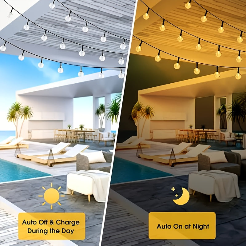 Solar String Lights, 39ft/22ft/16ft, with 12 lighting modes and 100/50/20 LED bubble balls, modern style, plastic material, switch controlled, suitable for gardens, Christmas, weddings, birthdays, holiday themed decorations, Independence Day light strings