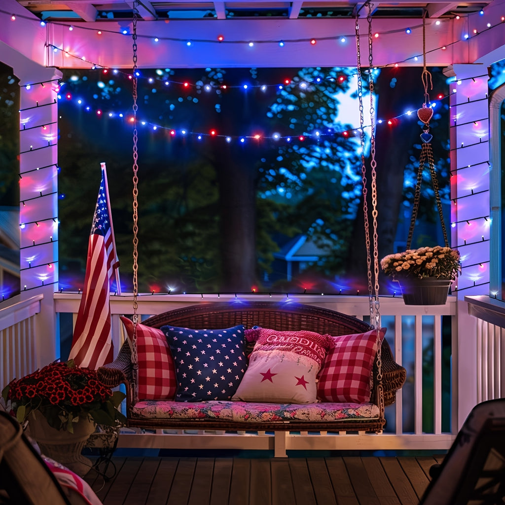 Red White Blue Solar String Lights for Independence Day, 4 Sets with 100 Lights Each, 8 Lighting Modes, Patriotic Decorative Lights. Battery-Free Holiday Ambience Rope Lights, IP65 Splash-Proof for Outdoor Use, Suitable for Courtyards, Gardens,