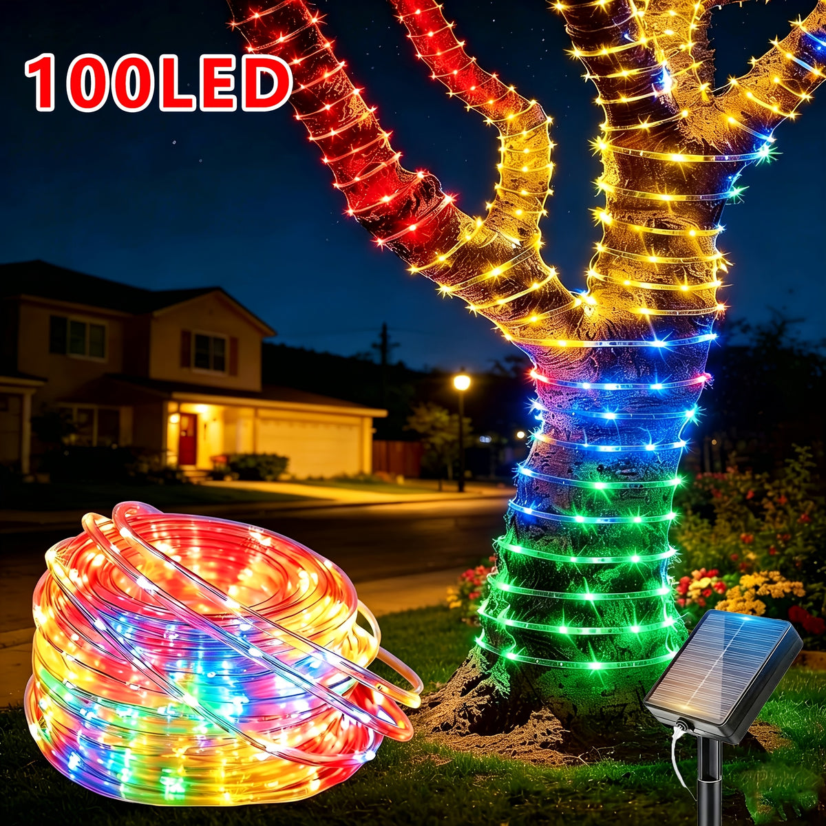 Solar Outdoor Waterproof Light Strip, Summer Garden Decoration, Tree Lights, Multiple Colors, Mother's Day & Christmas Holiday Decorations, 10 Meters 100 LEDs, IP65 Outdoor Waterproof, Charges During the Day and Automatically Lights Up at Night,