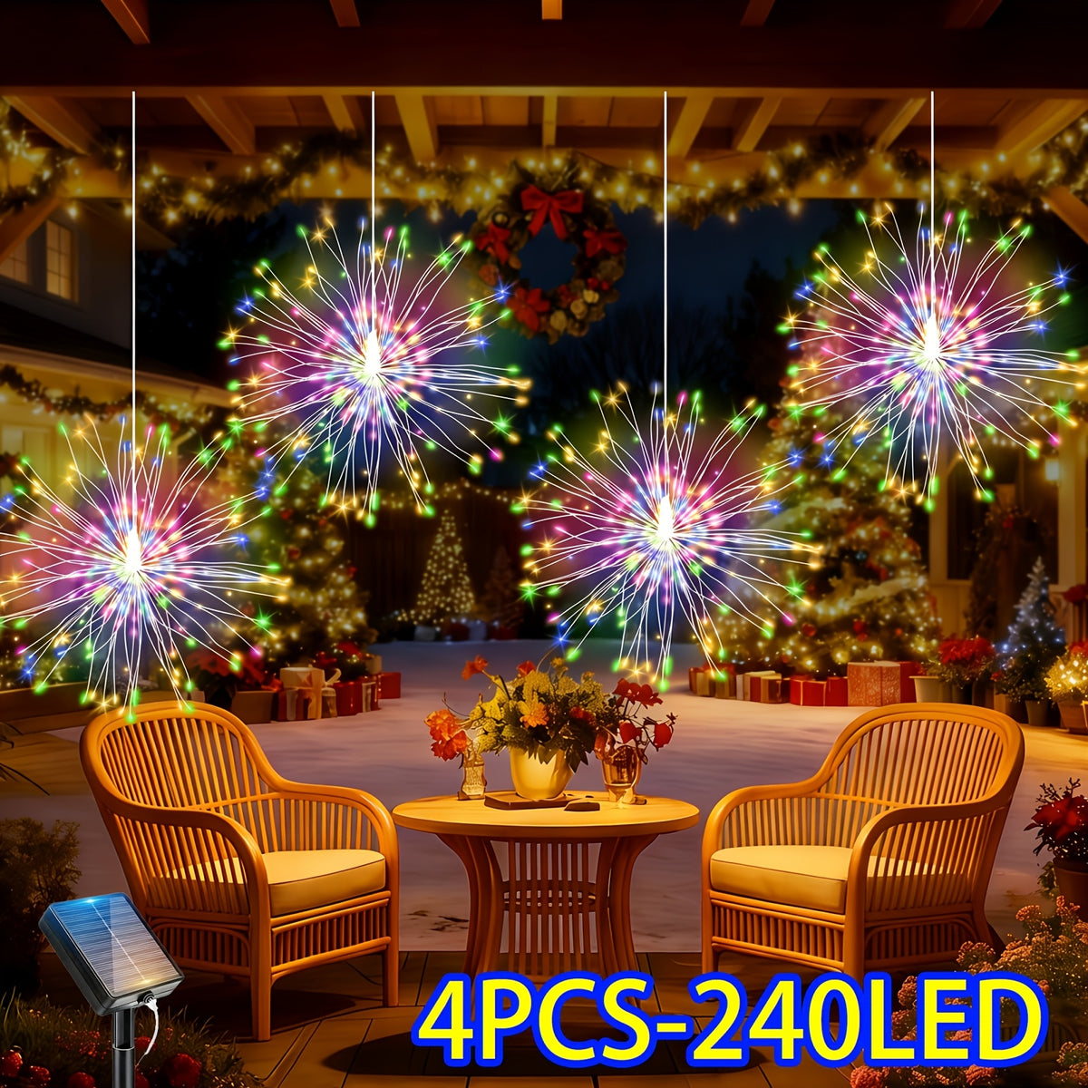 240 LED Solar Hanging Firework Lights, 4 firework lights powered by one main unit, starburst ball lights with 8 selectable modes.balcony railings and porch dinner lighting accents on Christmas Eve, IP44 splash-proof for outdoor use