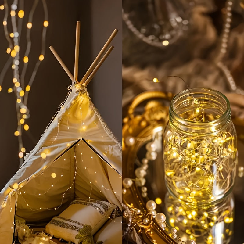2 packs of solar light strings, ambient lights. Each pack is 39 feet long with 100 LED solar lights. Each string features copper wire flickering with 8 lighting modes, suitable for wedding decorations and outdoor use with IP44 waterproof rating.