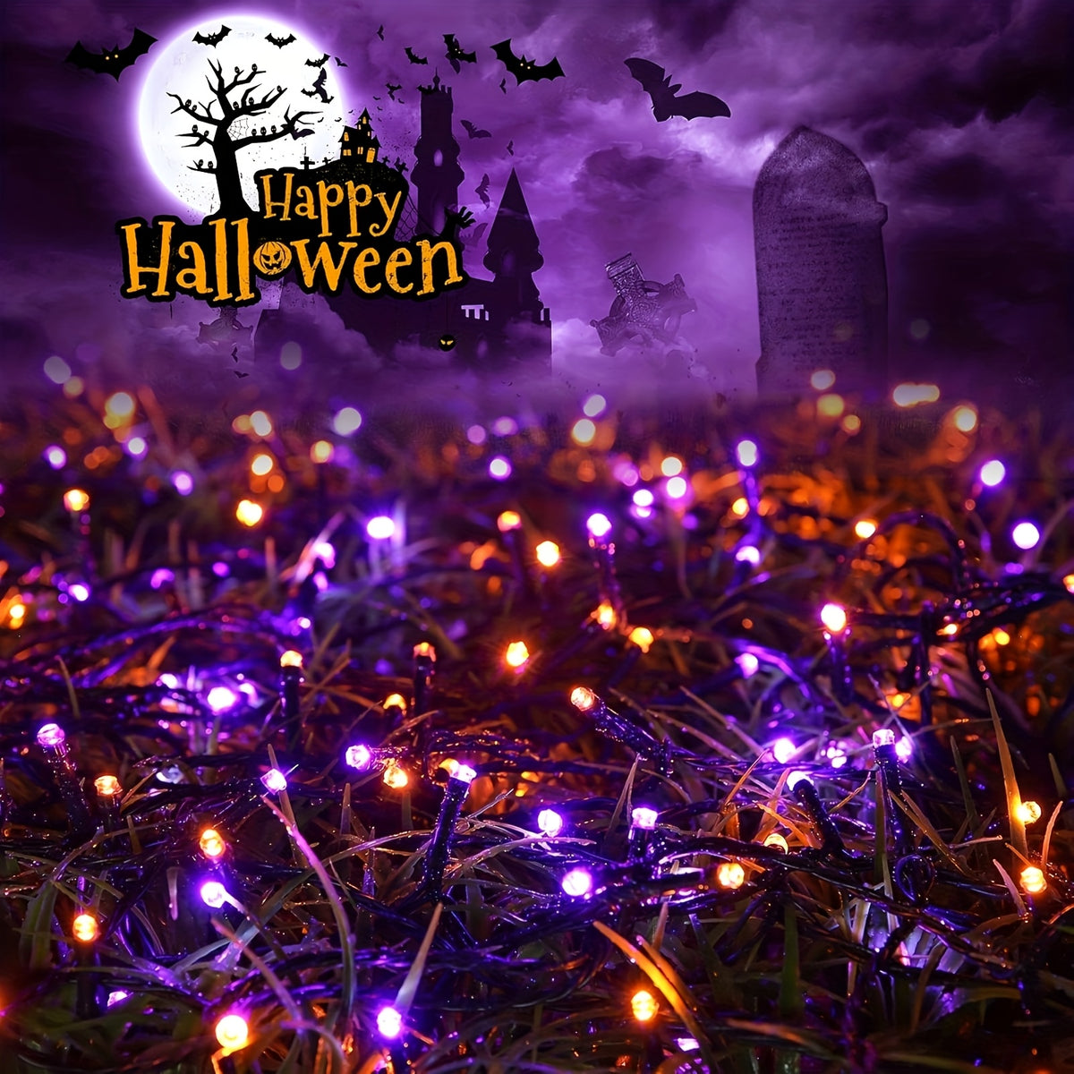 4 Packs Solar Halloween Decorative Lights, Orange and Purple Lights. Each pack of solar outdoor string lights (39FT-100LED) features 8 lighting flash modes. These waterproof lights are ideal for decorating your garden for Halloween,