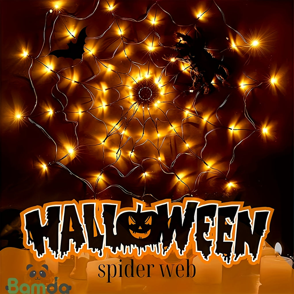 Halloween Decorative Lights, Orange & Purple Lights, Orange Net Lights Halloween Spider Web Lights - 4ft Diameter with 70 LEDs, Indoor Decor Lights, 8-Mode Spider Web Halloween Decor (3 AA Batteries Not Included; Spider Doll Not Included)