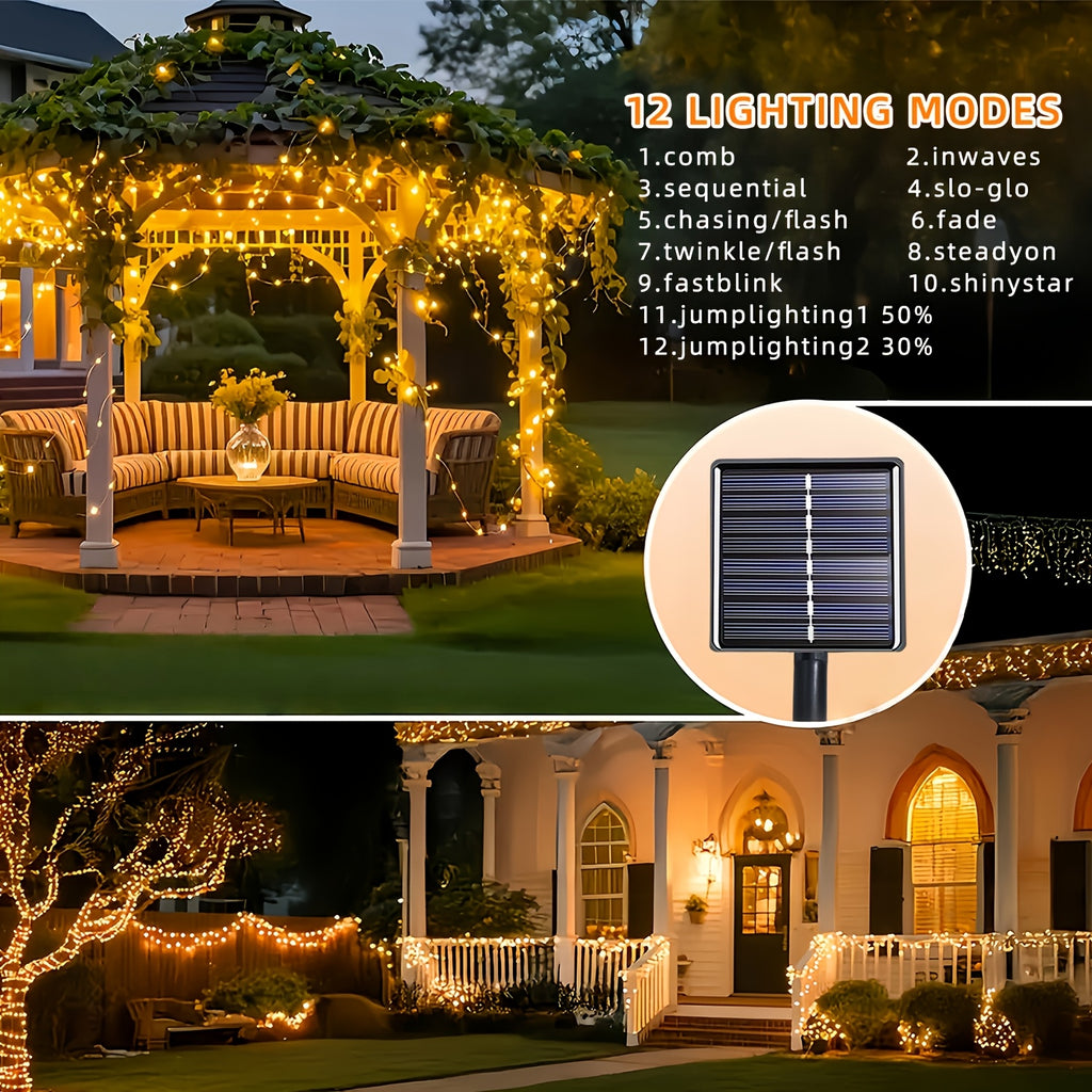 Outdoor Fairy Copper Wire Lights, optional 100/200/300 LEDs, 12 lighting modes, equipped with smart light sensor for automatic on and off. Suitable for decorating gardens, courtyards, camping sites, weddings, trees,  Day. IP44 splash-proof.