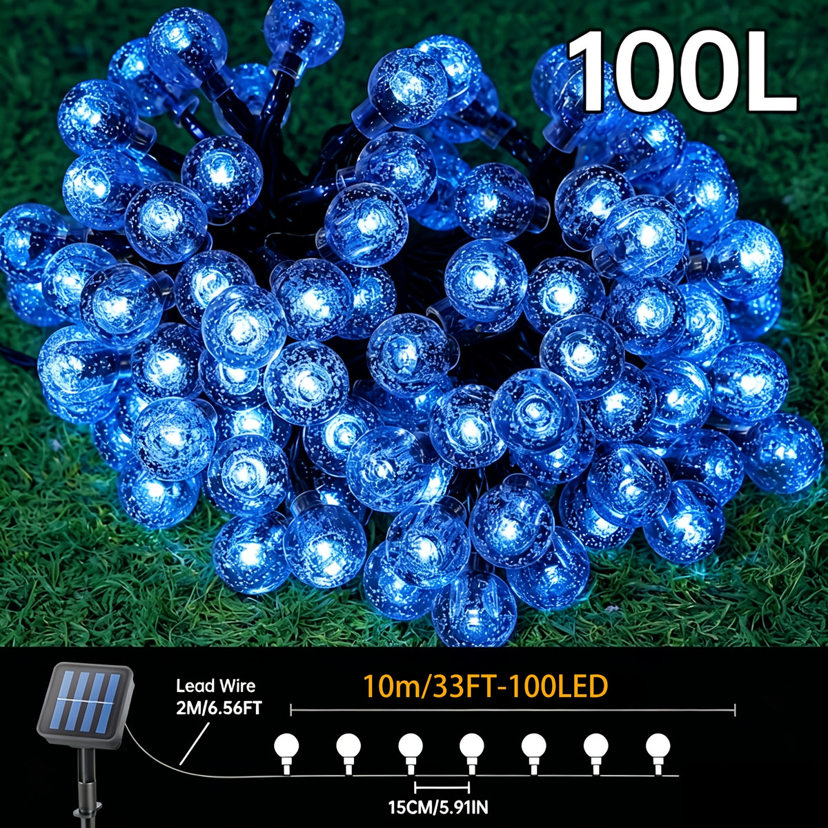 Solar String Lights, 39ft/22ft/16ft, with 12 lighting modes and 100/50/20 LED bubble balls, modern style, plastic material, switch controlled, suitable for gardens, Christmas, weddings, birthdays, holiday themed decorations, Independence Day light strings