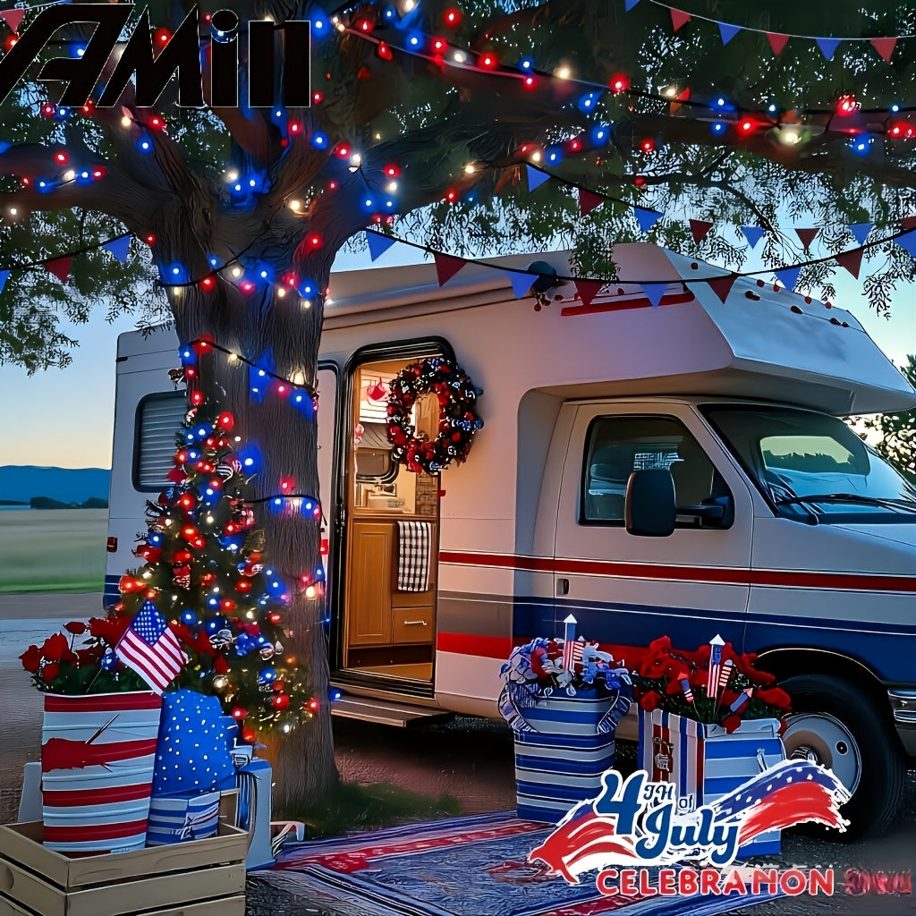 Red White Blue Solar String Lights for Independence Day, 4 Sets with 100 Lights Each, 8 Lighting Modes, Patriotic Decorative Lights. Battery-Free Holiday Ambience Rope Lights, IP65 Splash-Proof for Outdoor Use, Suitable for Courtyards, Gardens,