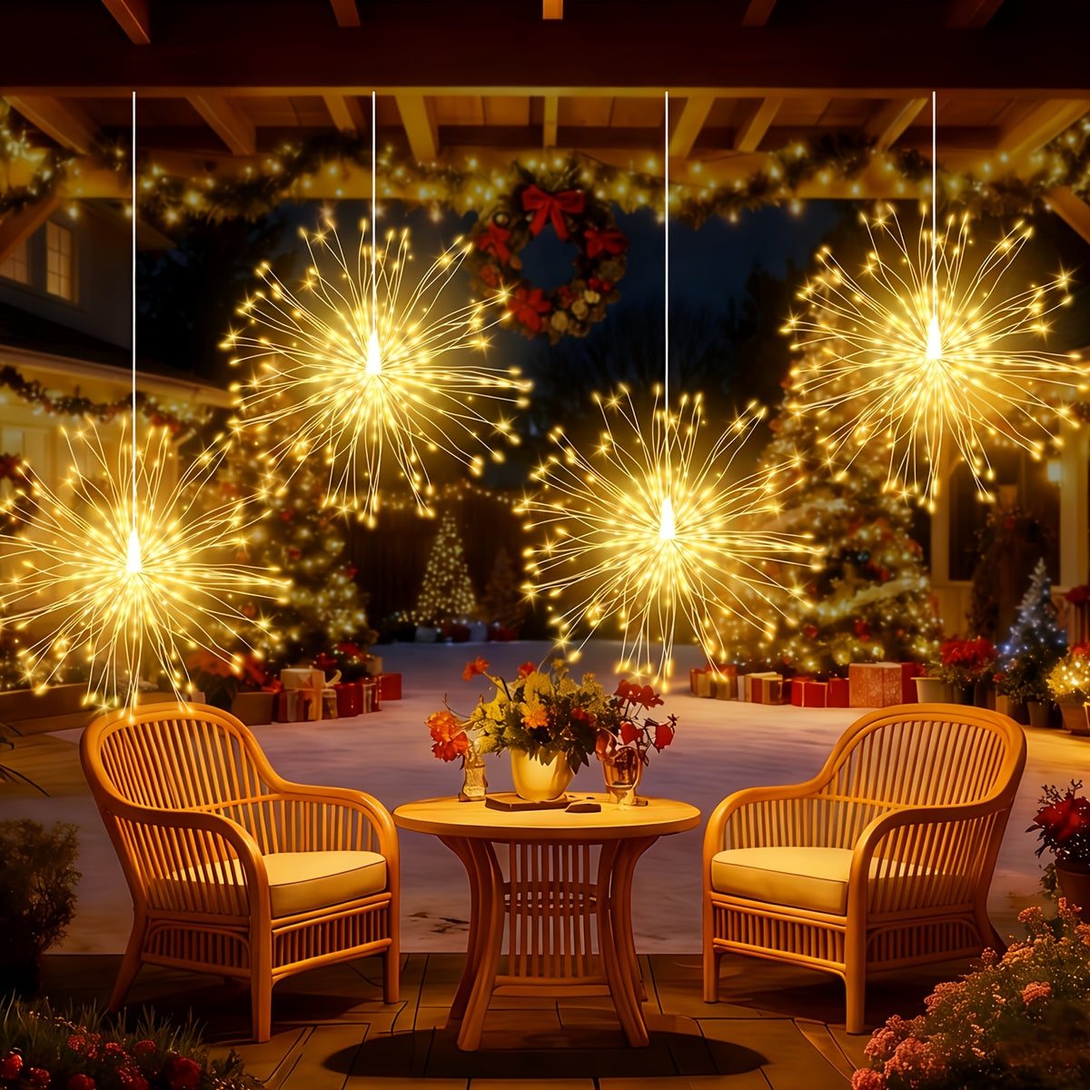 240 LED Solar Hanging Firework Lights, 4 firework lights powered by one main unit, starburst ball lights with 8 selectable modes.balcony railings and porch dinner lighting accents on Christmas Eve, IP44 splash-proof for outdoor use