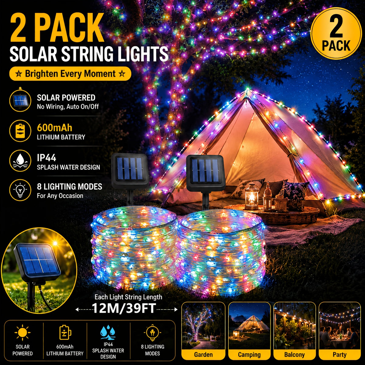 2 packs of solar light strings, ambient lights. Each pack is 39 feet long with 100 LED solar lights. Each string features copper wire flickering with 8 lighting modes, suitable for wedding decorations and outdoor use with IP44 waterproof rating.
