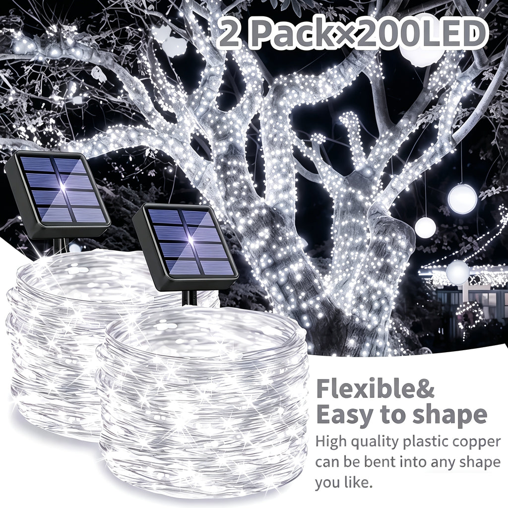2 Pa Solar Fairy Copper Wire Lights with 100/200/300 high-brightness LED beads, solar-powered, 12 lighting modes. Outdoor fairy string lights suitable for decorations in gardens, yards, fences, camping, parties, birthdays and Christmas.