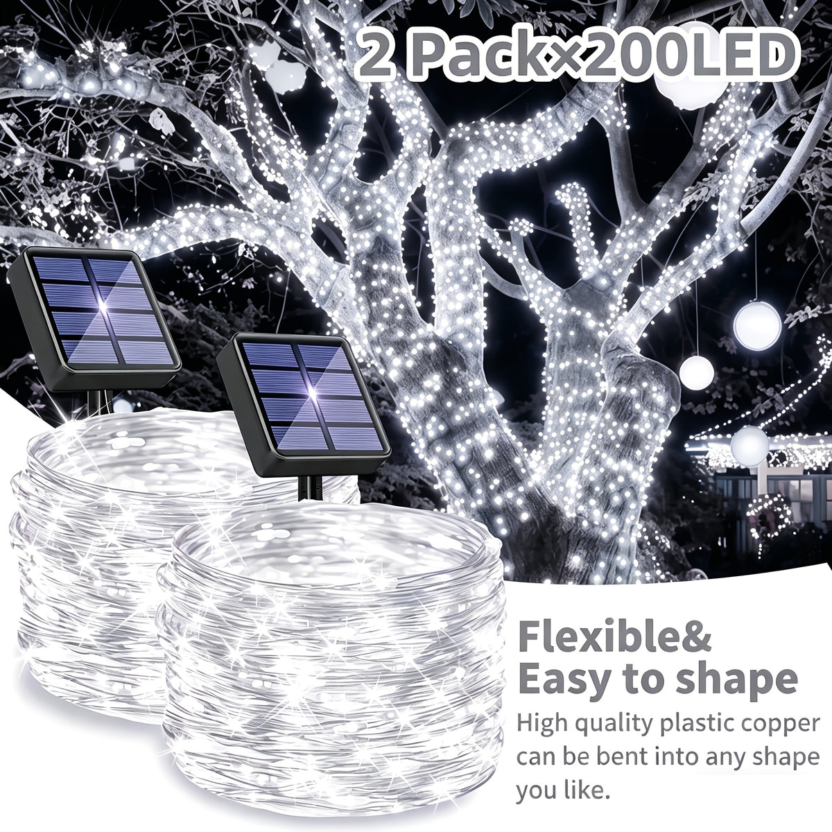 2 Pa Solar Fairy Copper Wire Lights with 100/200/300 high-brightness LED beads, solar-powered, 12 lighting modes. Outdoor fairy string lights suitable for decorations in gardens, yards, fences, camping, parties, birthdays and Christmas.