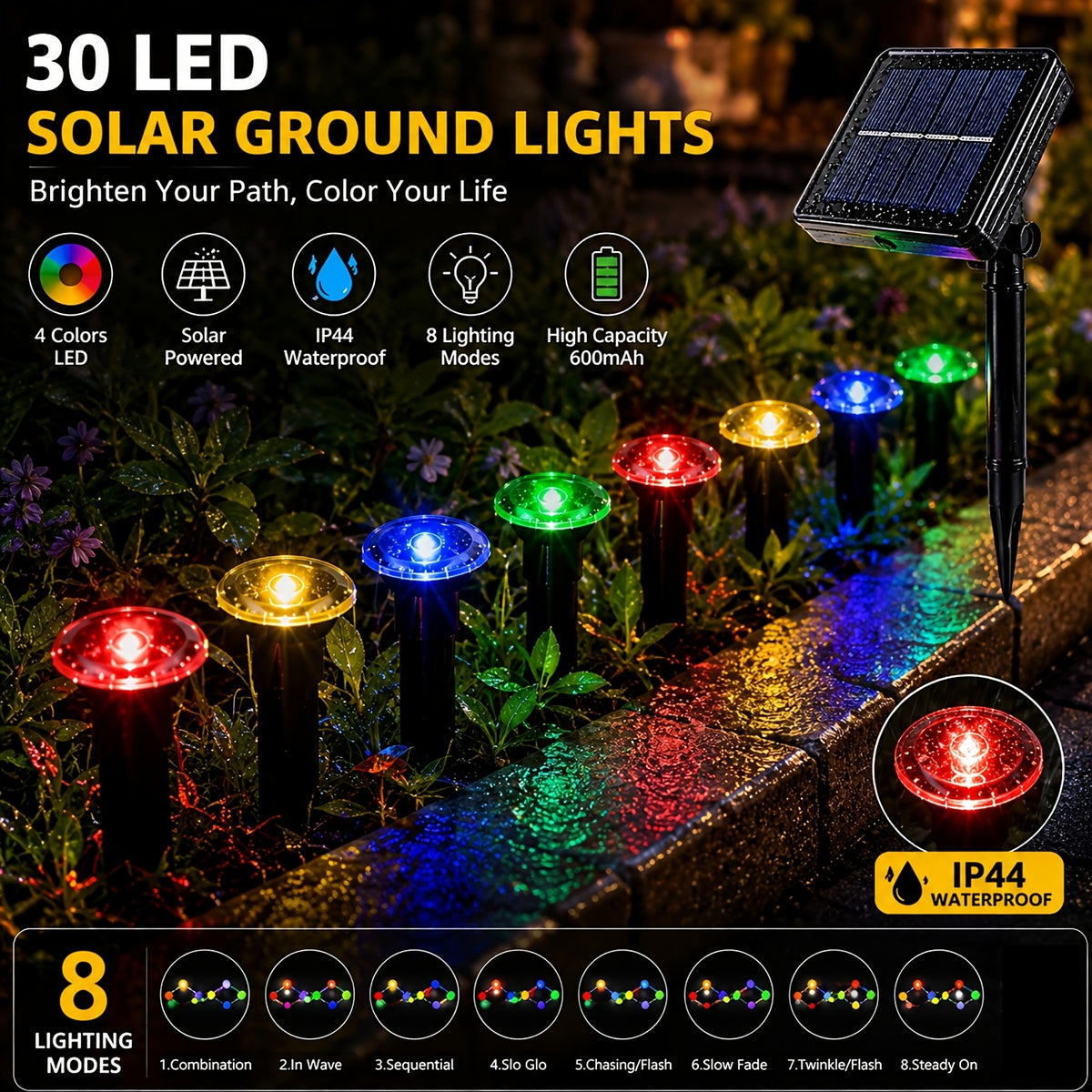 30 Solar Path Lights, Garden Decor Lights, Outdoor Ground Lamps, Landscape Lighting Decorations with 8 switchable modes, solar powered, IP44 waterproof. Ideal for lawns, camping, parties, dances, weddings and Christmas decorations.