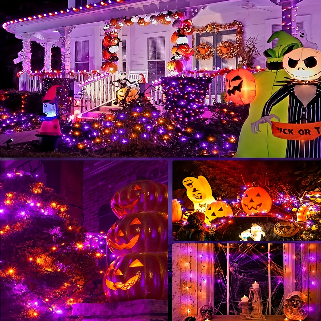 4 Packs Solar Halloween Decorative Lights, Orange and Purple Lights. Each pack of solar outdoor string lights (39FT-100LED) features 8 lighting flash modes. These waterproof lights are ideal for decorating your garden for Halloween,