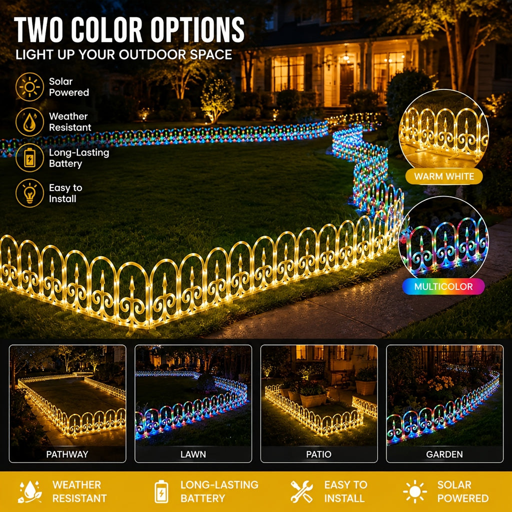 8-piece solar outdoor lights, decorative simulated garden fences that can be spliced together. IP65 splash-proof for outdoor use, featuring 12 flashing modes and a 3600mAh battery. An ideal choice for Christmas, Independence Day,