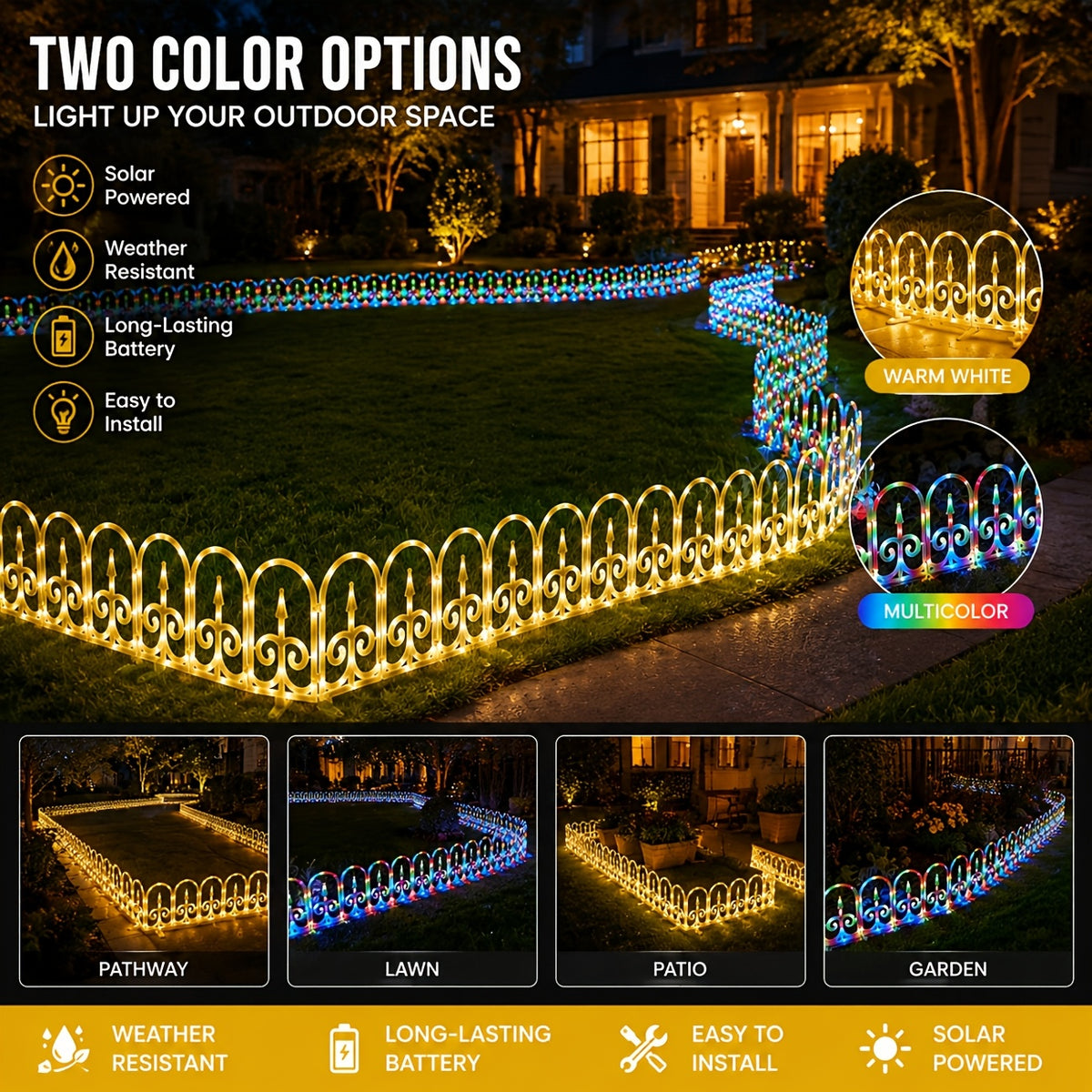 8-piece solar outdoor lights, decorative simulated garden fences that can be spliced together. IP65 splash-proof for outdoor use, featuring 12 flashing modes and a 3600mAh battery. An ideal choice for Christmas, Independence Day,