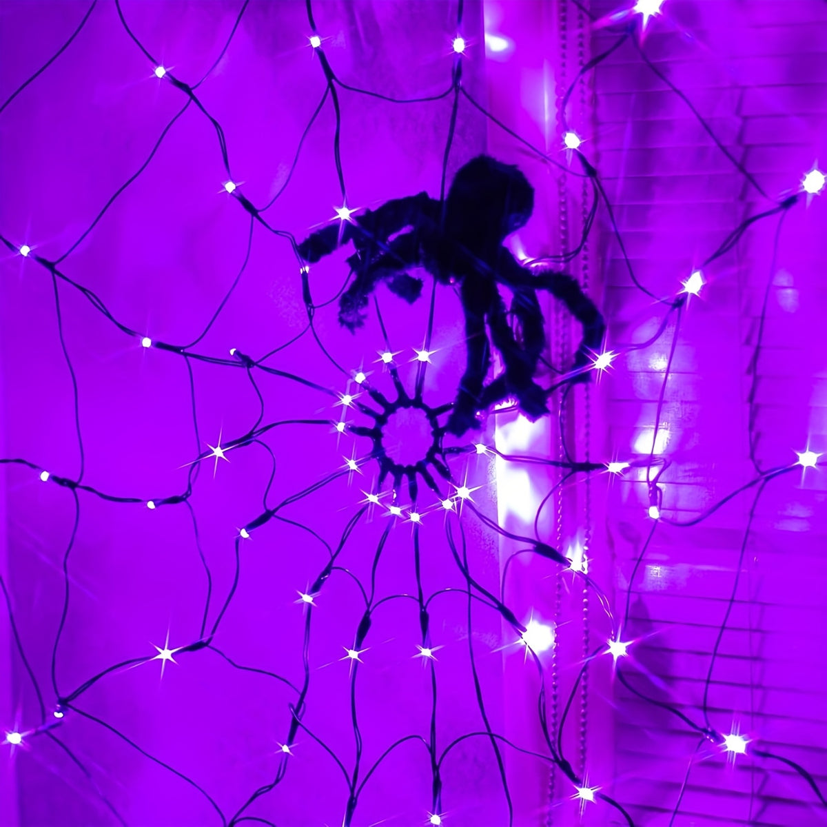 Halloween Decorative Lights, Orange & Purple Lights, Orange Net Lights Halloween Spider Web Lights - 4ft Diameter with 70 LEDs, Indoor Decor Lights, 8-Mode Spider Web Halloween Decor (3 AA Batteries Not Included; Spider Doll Not Included)