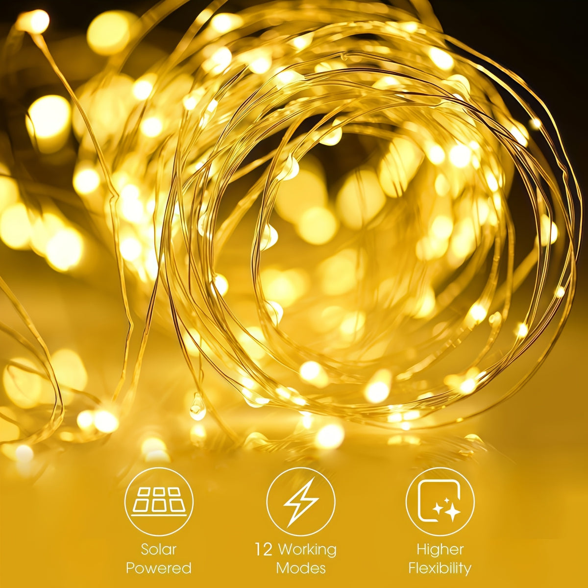 Outdoor Fairy Copper Wire Lights, optional 100/200/300 LEDs, 12 lighting modes, equipped with smart light sensor for automatic on and off. Suitable for decorating gardens, courtyards, camping sites, weddings, trees,  Day. IP44 splash-proof.