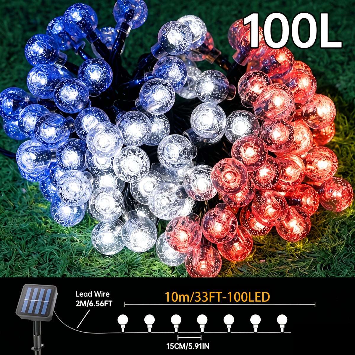 Solar String Lights, 39ft/22ft/16ft, with 12 lighting modes and 100/50/20 LED bubble balls, modern style, plastic material, switch controlled, suitable for gardens, Christmas, weddings, birthdays, holiday themed decorations, Independence Day light strings