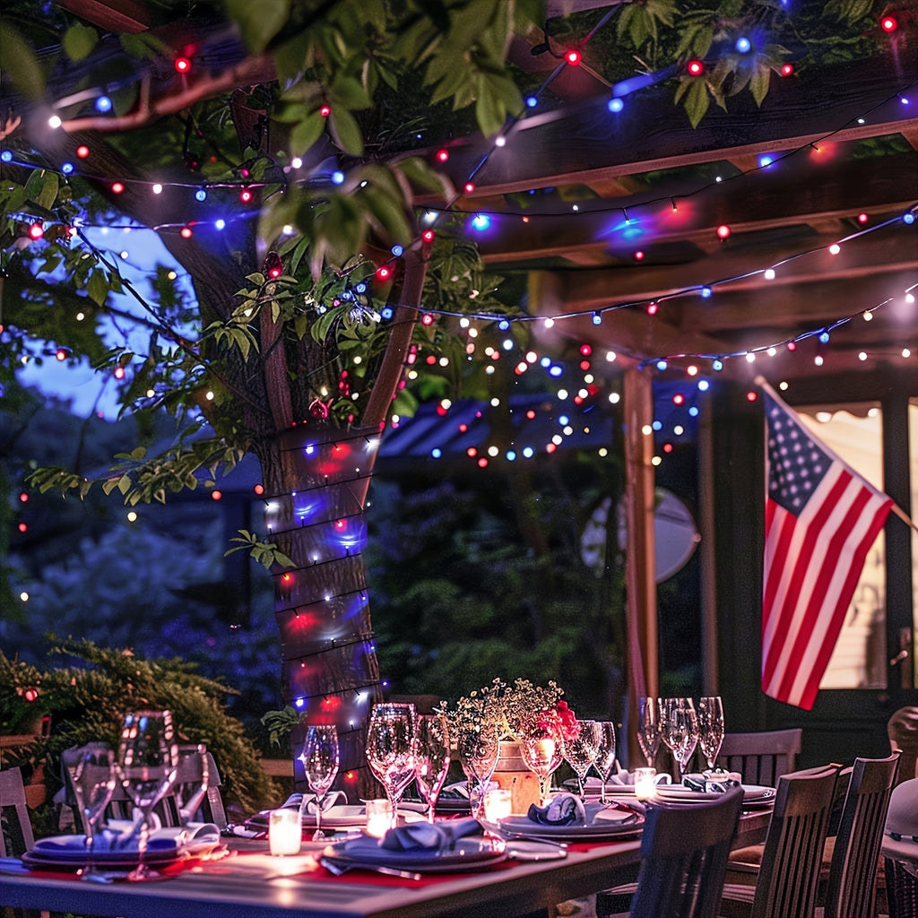 Red White Blue Solar String Lights for Independence Day, 4 Sets with 100 Lights Each, 8 Lighting Modes, Patriotic Decorative Lights. Battery-Free Holiday Ambience Rope Lights, IP65 Splash-Proof for Outdoor Use, Suitable for Courtyards, Gardens,