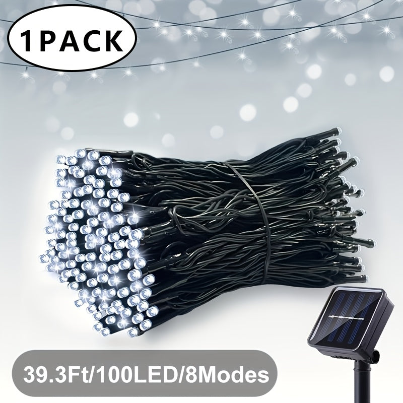 Upgraded Outdoor Solar String Lights, 1 Pack (10M/33FT-100LED per pack) with 8 Lighting Modes, IP65 Waterproof Outdoor Solar Twinkle Lights, Cold White Light for Garden, Tree, Party and Christmas Decorations