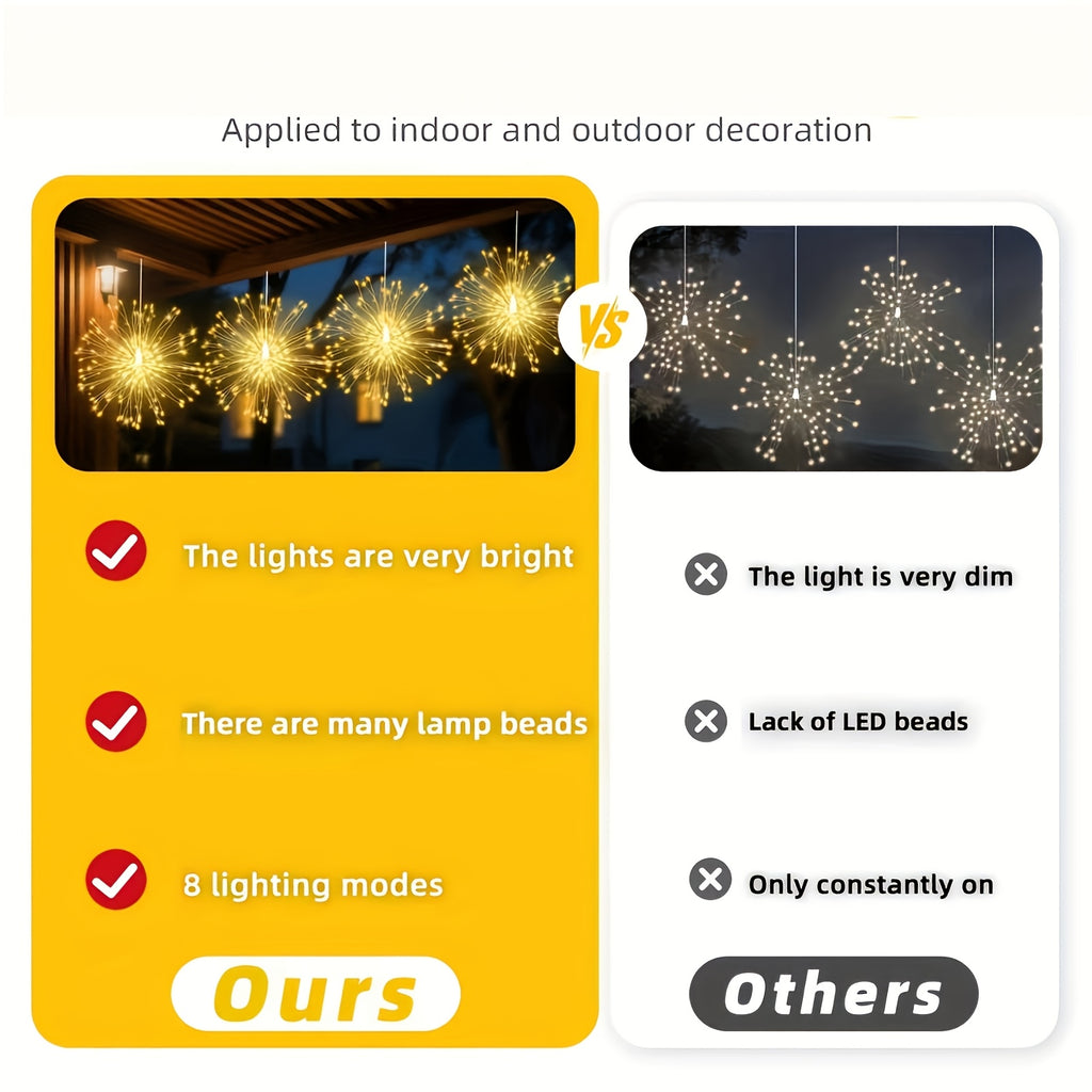 240 LED Solar Hanging Firework Lights, 4 firework lights powered by one main unit, starburst ball lights with 8 selectable modes.balcony railings and porch dinner lighting accents on Christmas Eve, IP44 splash-proof for outdoor use