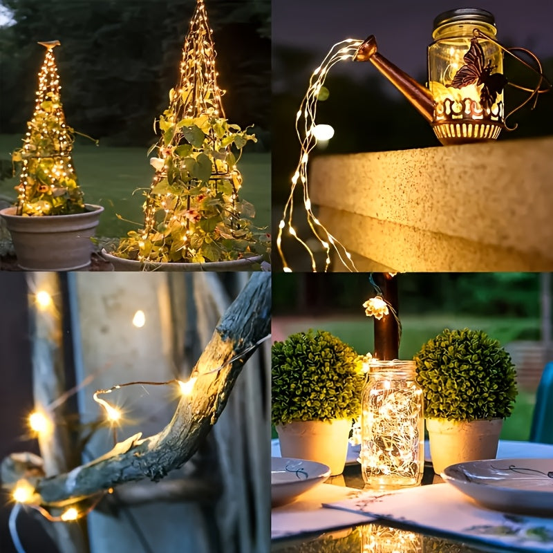 2 packs of solar light strings, ambient lights. Each pack is 39 feet long with 100 LED solar lights. Each string features copper wire flickering with 8 lighting modes, suitable for wedding decorations and outdoor use with IP44 waterproof rating.