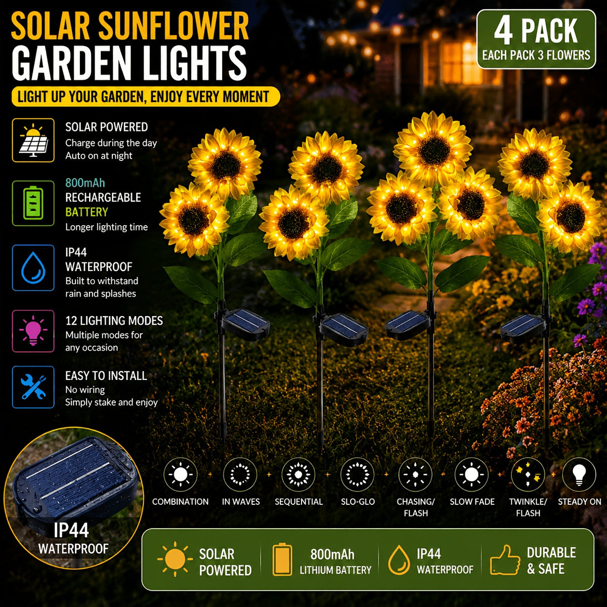 2/4PA (3 Sunflowers) Solar Outdoor Lights, Sunflower Garden Lights. Realistic nighttime glow for decorating courtyards, lawns, homes, terraces and porches.Decorative LED Solar Garden Lights, IP44 Splash-proof