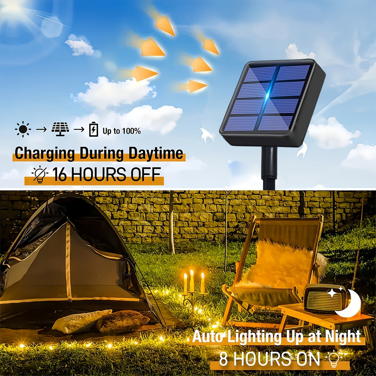 2 Pa Solar Fairy Copper Wire Lights with 100/200/300 high-brightness LED beads, solar-powered, 12 lighting modes. Outdoor fairy string lights suitable for decorations in gardens, yards, fences, camping, parties, birthdays and Christmas.