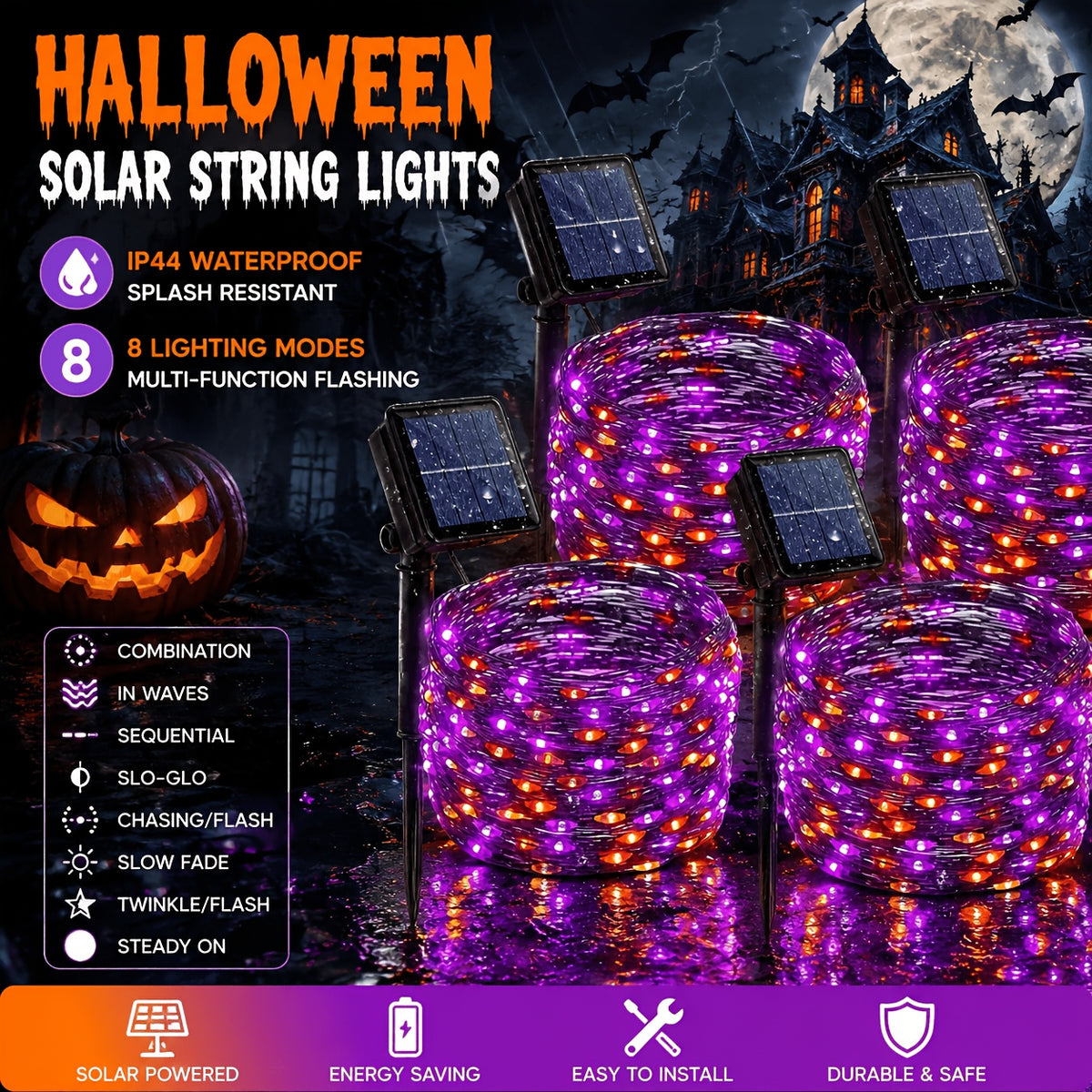 4 packs solar string lights, multiple colors available, total length 160 feet (39 feet per pack with 100 LEDs). Solar Christmas tree lights with 8 lighting modes, suitable for indoor home, courtyard and party decorations.