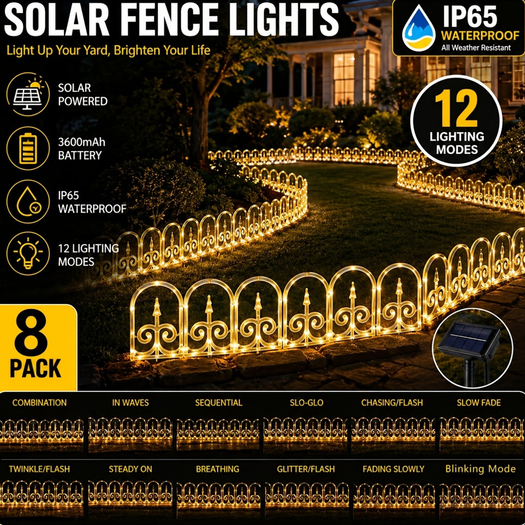 8-piece solar outdoor lights, decorative simulated garden fences that can be spliced together. IP65 splash-proof for outdoor use, featuring 12 flashing modes and a 3600mAh battery. An ideal choice for Christmas, Independence Day,