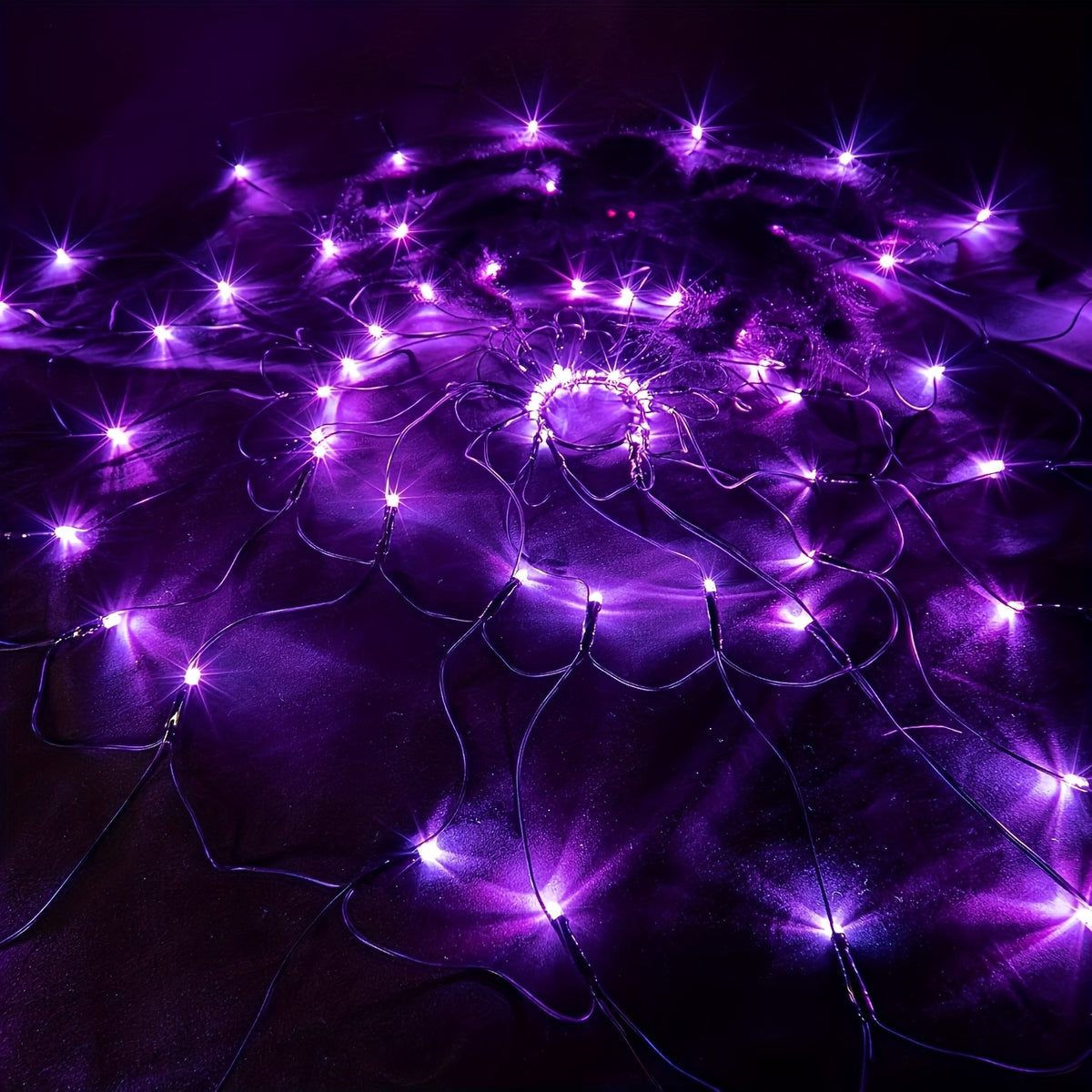 Halloween Decorative Lights, Orange & Purple Lights, Orange Net Lights Halloween Spider Web Lights - 4ft Diameter with 70 LEDs, Indoor Decor Lights, 8-Mode Spider Web Halloween Decor (3 AA Batteries Not Included; Spider Doll Not Included)