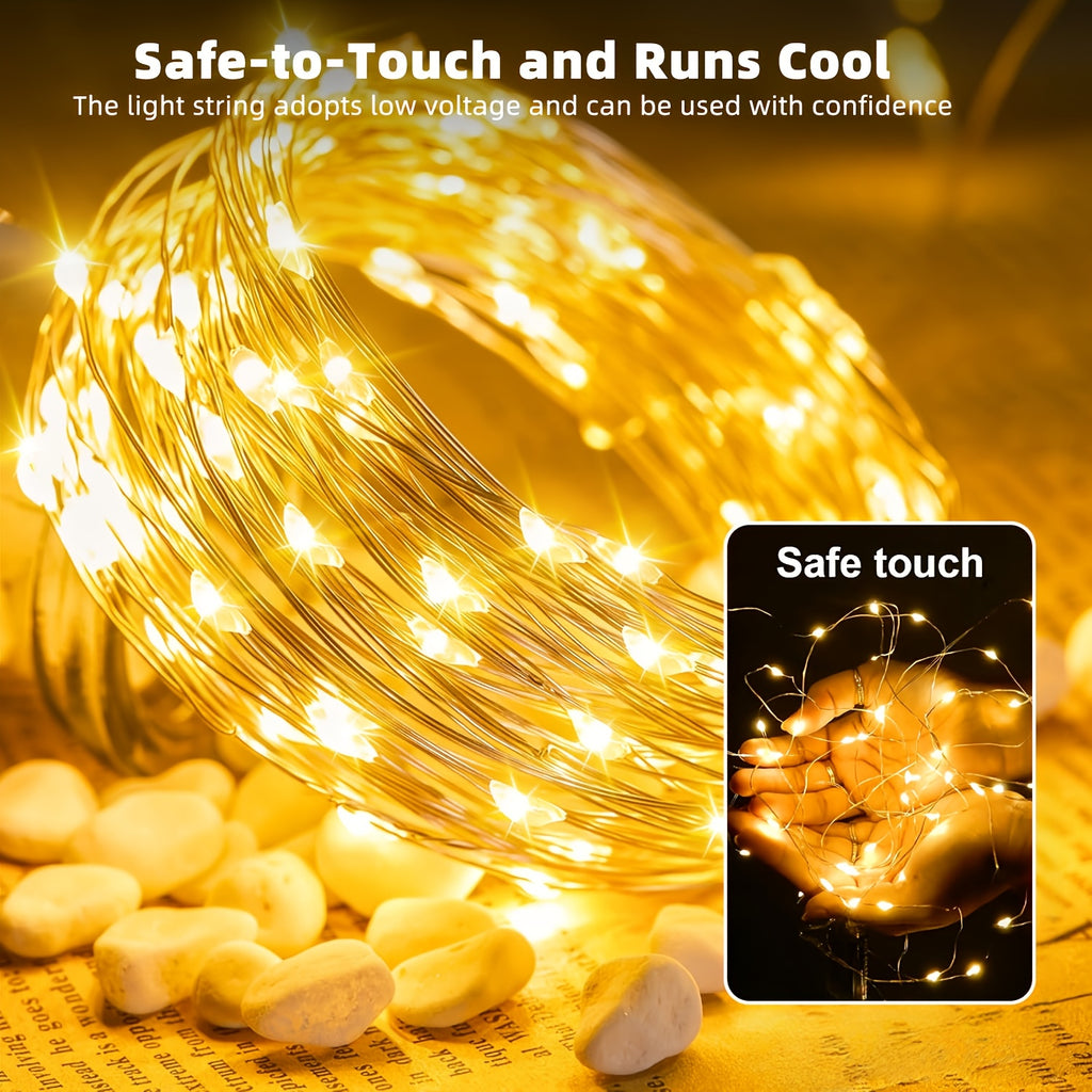 Outdoor Fairy Copper Wire Lights, optional 100/200/300 LEDs, 12 lighting modes, equipped with smart light sensor for automatic on and off. Suitable for decorating gardens, courtyards, camping sites, weddings, trees,  Day. IP44 splash-proof.