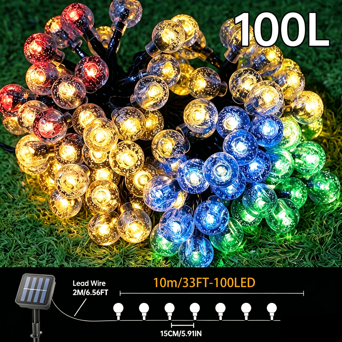 Solar String Lights, 39ft/22ft/16ft, with 12 lighting modes and 100/50/20 LED bubble balls, modern style, plastic material, switch controlled, suitable for gardens, Christmas, weddings, birthdays, holiday themed decorations, Independence Day light strings