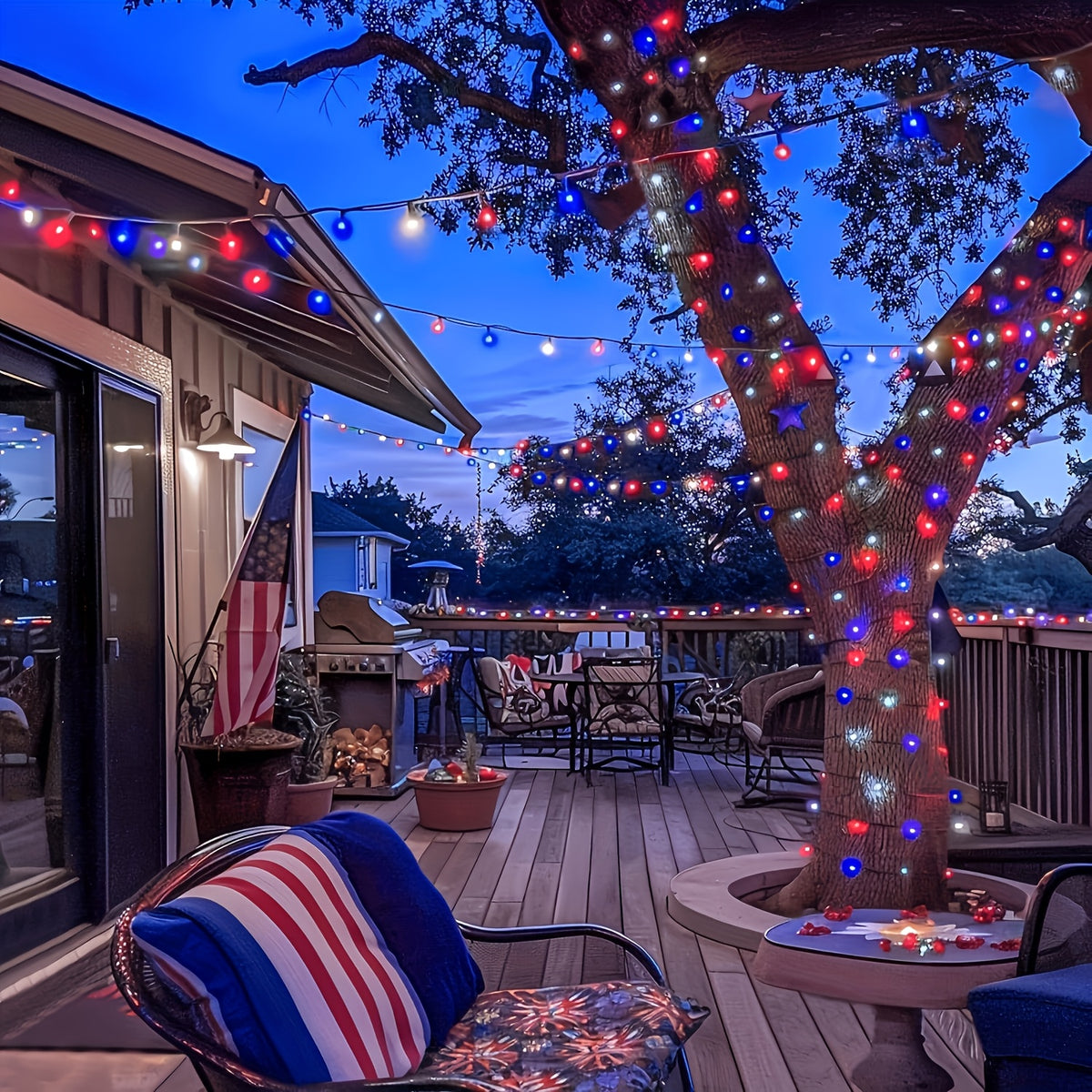 Red White Blue Solar String Lights for Independence Day, 4 Sets with 100 Lights Each, 8 Lighting Modes, Patriotic Decorative Lights. Battery-Free Holiday Ambience Rope Lights, IP65 Splash-Proof for Outdoor Use, Suitable for Courtyards, Gardens,