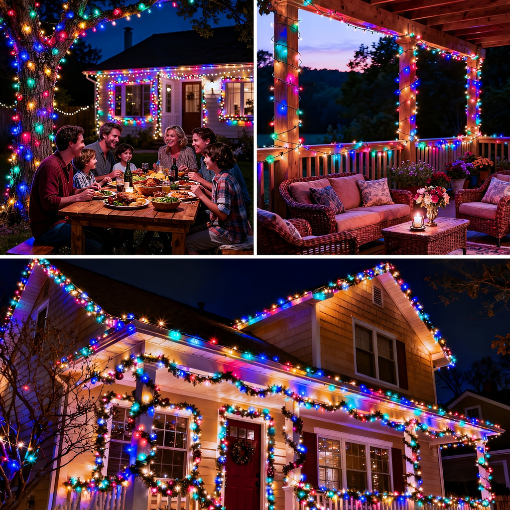 Outdoor Solar LED String Lights, 1 pack with 280 LEDs over 98 feet, IP65 splash-proof. The twinkling light string is ideal for decorating gardens, patios, Christmas, Valentine's Day, festivals, offices and bedrooms, equipped with a large 1200mAh battery.