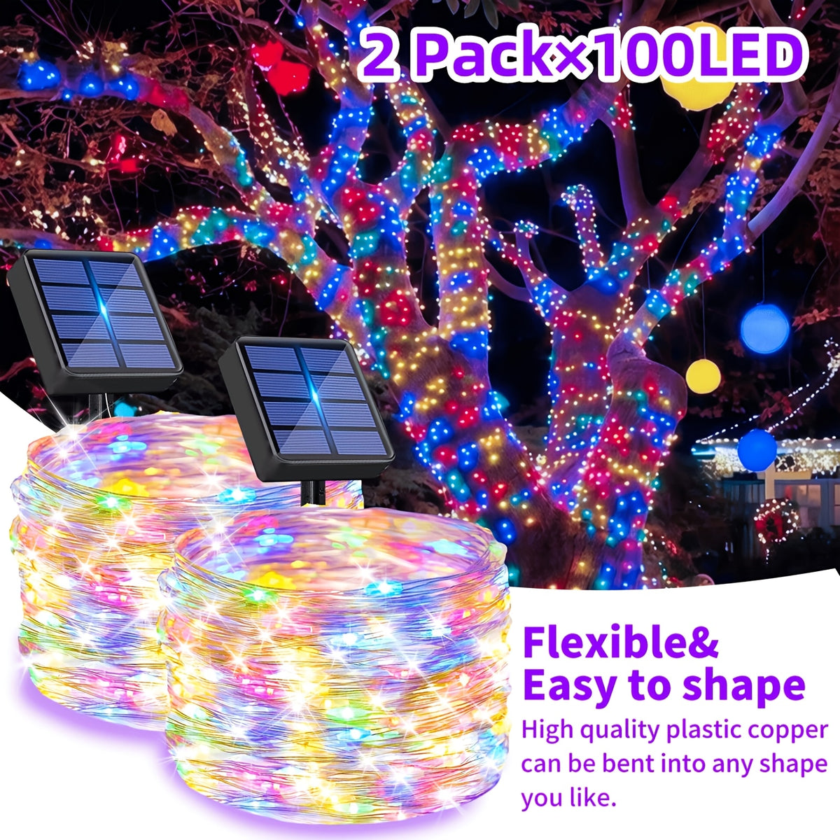 2 Pa Solar Fairy Copper Wire Lights with 100/200/300 high-brightness LED beads, solar-powered, 12 lighting modes. Outdoor fairy string lights suitable for decorations in gardens, yards, fences, camping, parties, birthdays and Christmas.
