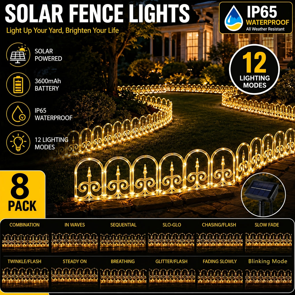 8-piece solar outdoor lights, decorative simulated garden fences that can be spliced together. IP65 splash-proof for outdoor use, featuring 12 flashing modes and a 3600mAh battery. An ideal choice for Christmas, Independence Day,