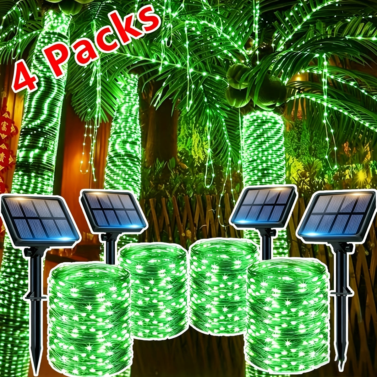 Outdoor Solar String Light Set (4 Pack, 472.44 Inches per Pack with 100 LED Bulbs), IP44 Rated, 8 Lighting Modes, Ideal for Villas, Parties, Trees, Gardens, Ramadan, Valentine's Day, Christmas and Wedding Decorations
