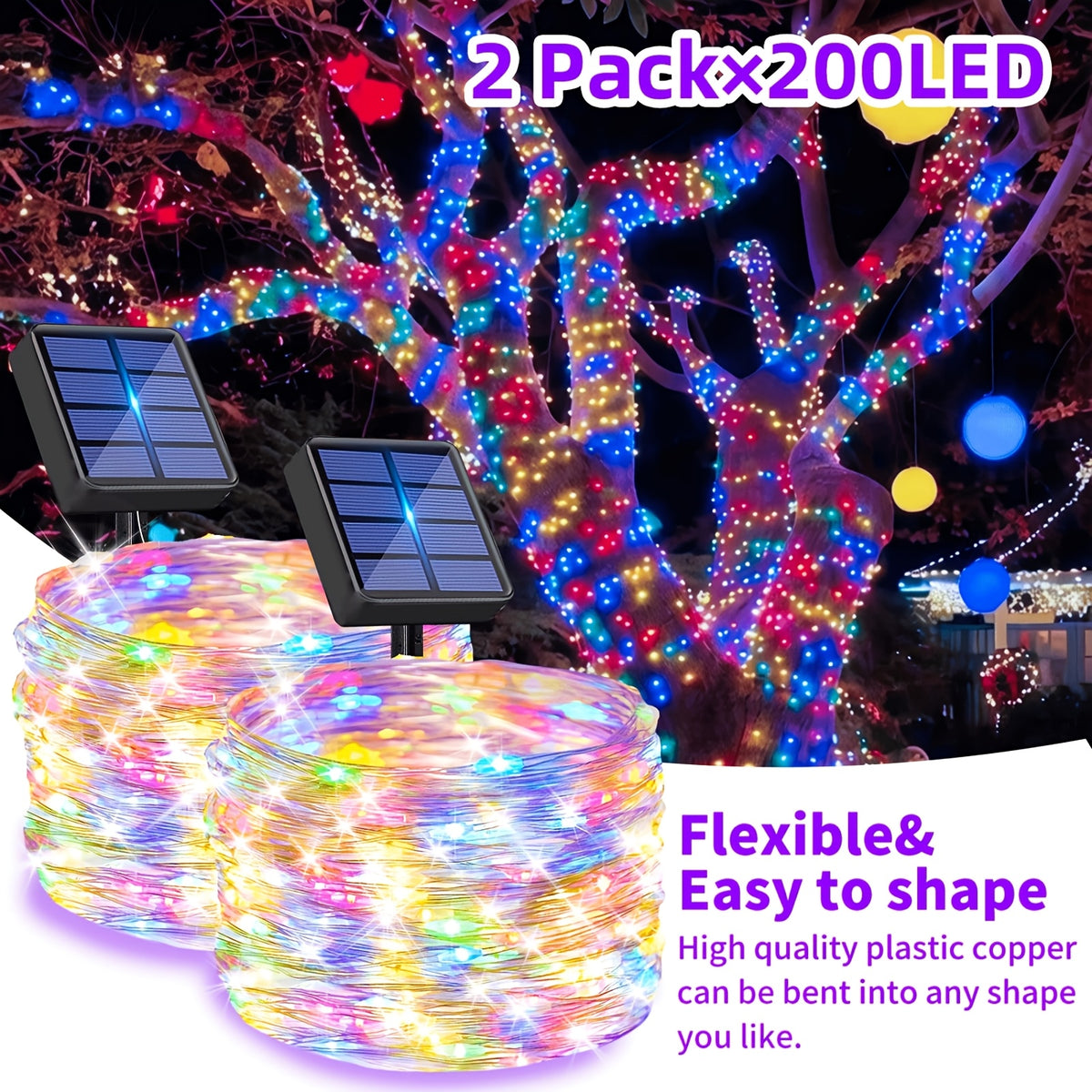 2 Pa Solar Fairy Copper Wire Lights with 100/200/300 high-brightness LED beads, solar-powered, 12 lighting modes. Outdoor fairy string lights suitable for decorations in gardens, yards, fences, camping, parties, birthdays and Christmas.