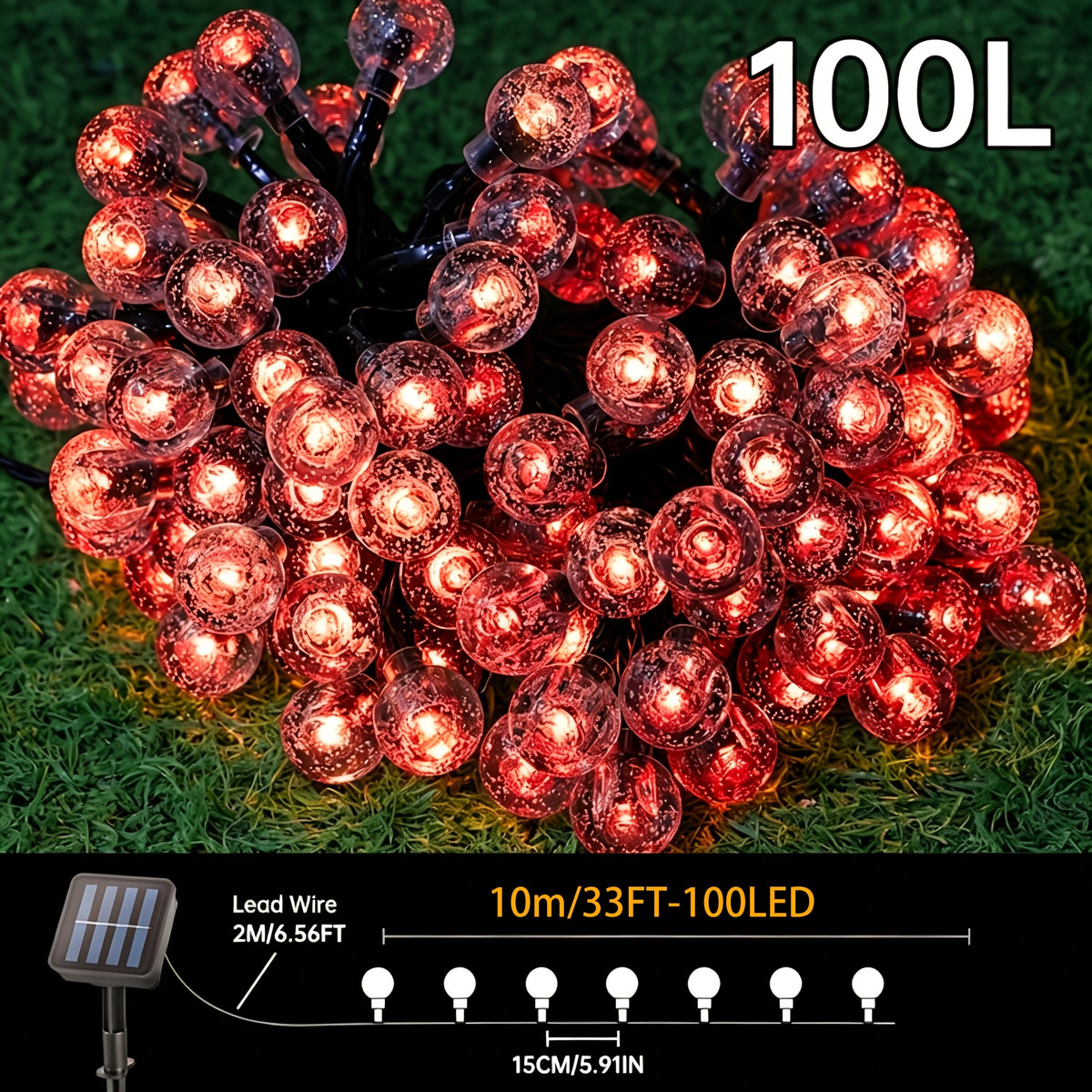 Solar String Lights, 39ft/22ft/16ft, with 12 lighting modes and 100/50/20 LED bubble balls, modern style, plastic material, switch controlled, suitable for gardens, Christmas, weddings, birthdays, holiday themed decorations, Independence Day light strings