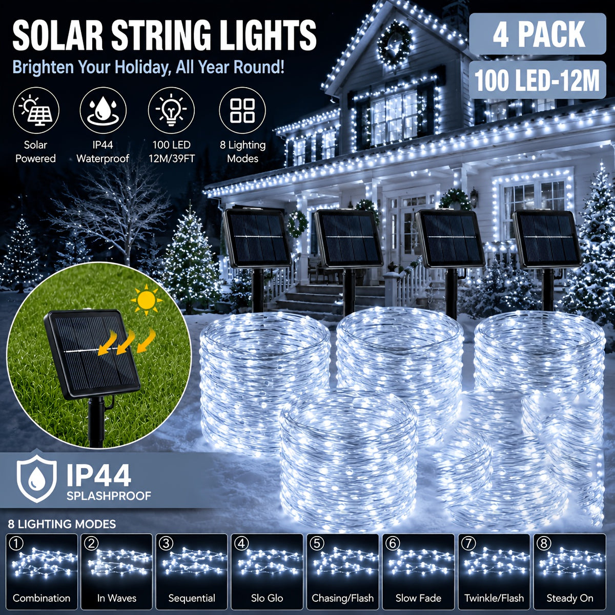 4 packs solar string lights, multiple colors available, total length 160 feet (39 feet per pack with 100 LEDs). Solar Christmas tree lights with 8 lighting modes, suitable for indoor home, courtyard and party decorations.
