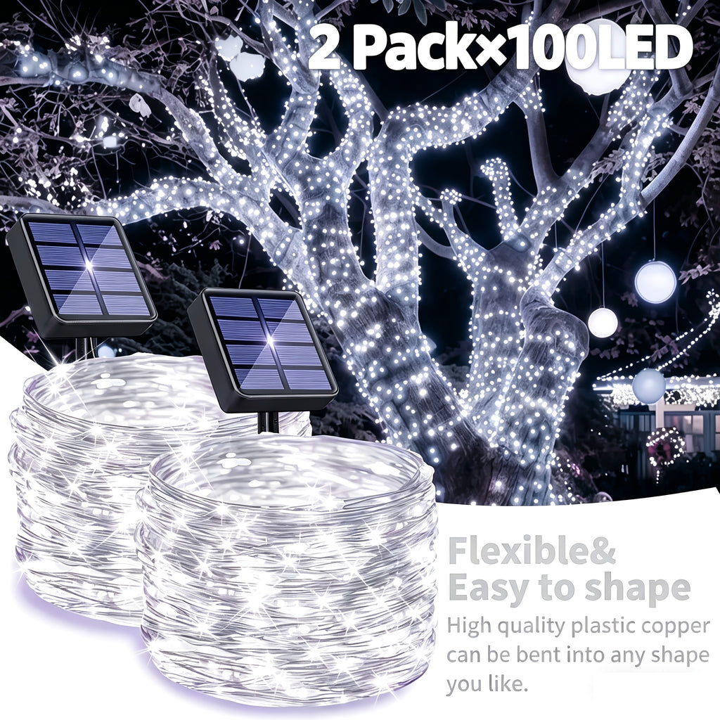 2 Pa Solar Fairy Copper Wire Lights with 100/200/300 high-brightness LED beads, solar-powered, 12 lighting modes. Outdoor fairy string lights suitable for decorations in gardens, yards, fences, camping, parties, birthdays and Christmas.