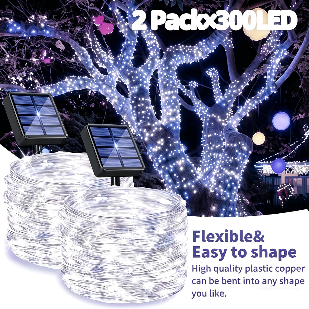 2 Pa Solar Fairy Copper Wire Lights with 100/200/300 high-brightness LED beads, solar-powered, 12 lighting modes. Outdoor fairy string lights suitable for decorations in gardens, yards, fences, camping, parties, birthdays and Christmas.