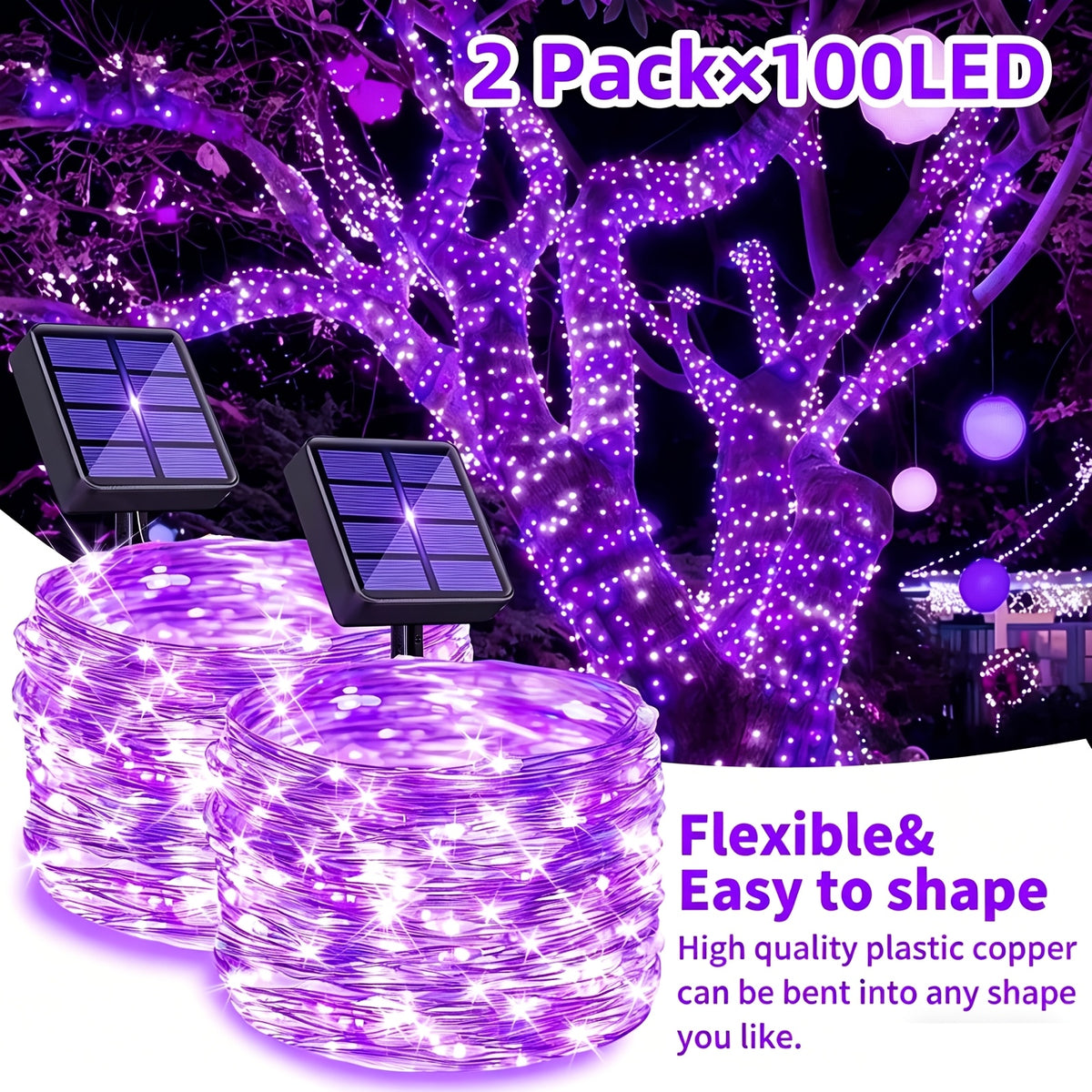 2 Pa Solar Fairy Copper Wire Lights with 100/200/300 high-brightness LED beads, solar-powered, 12 lighting modes. Outdoor fairy string lights suitable for decorations in gardens, yards, fences, camping, parties, birthdays and Christmas.