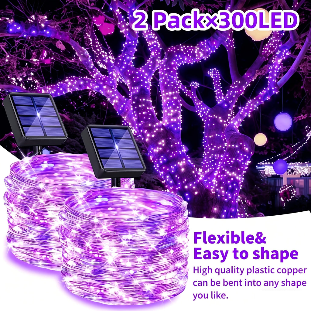 2 Pa Solar Fairy Copper Wire Lights with 100/200/300 high-brightness LED beads, solar-powered, 12 lighting modes. Outdoor fairy string lights suitable for decorations in gardens, yards, fences, camping, parties, birthdays and Christmas.