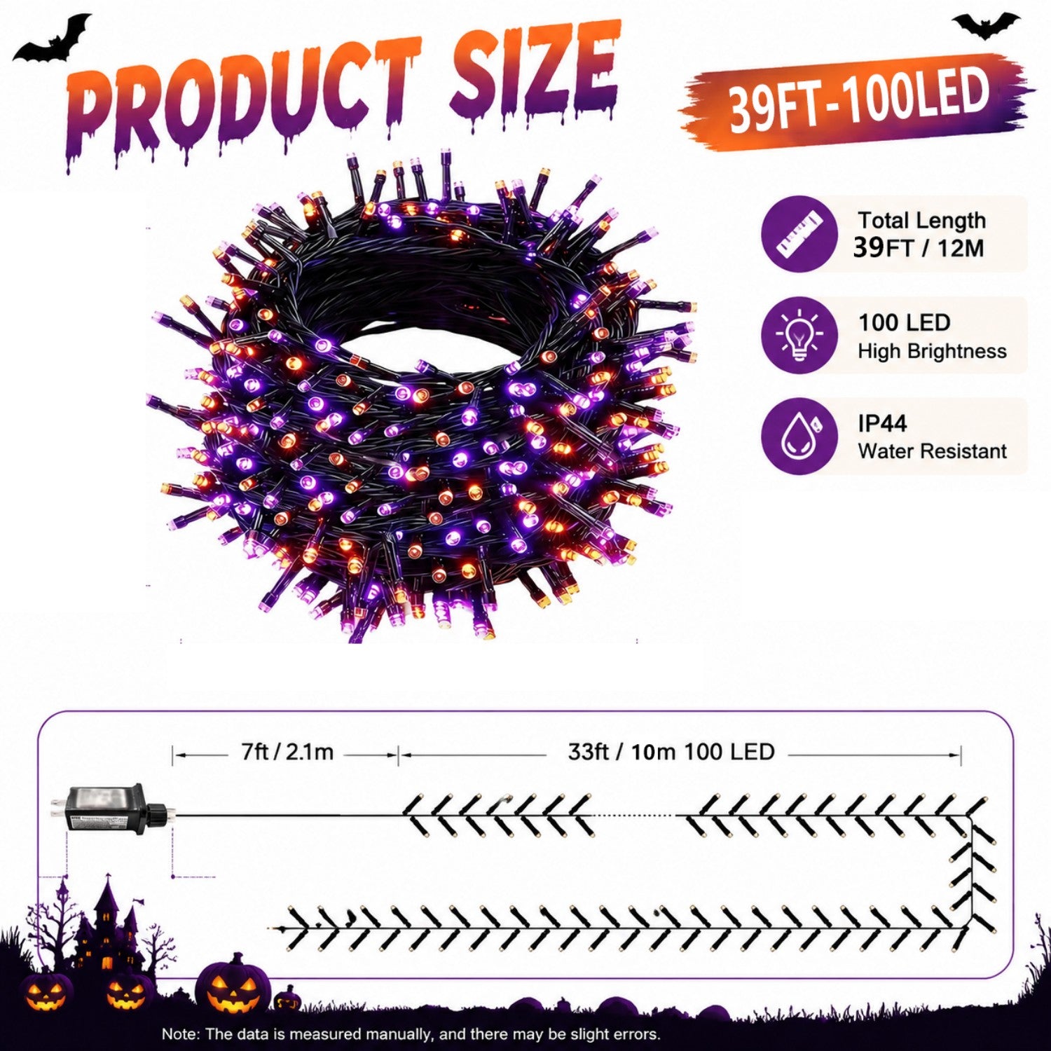 2 packs of Halloween decorative lights, outdoor decorations, 100 LED Halloween plug-in string lights, 39FT long, IP44 splash-proof, suitable for yard, garden, and lawn decoration, with 8 flashing modes for a spooky party atmosphere